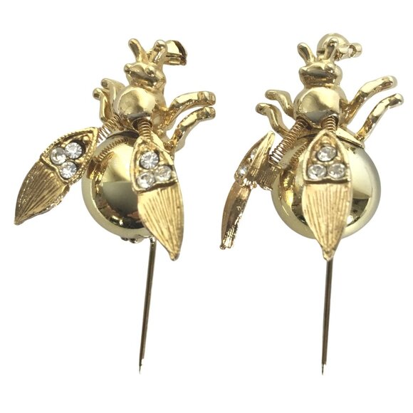 VINTAGE 1980s Bee Wiggle Stick Pins Pair Women Gold Insect Brooches Rhinestones - Picture 5 of 7